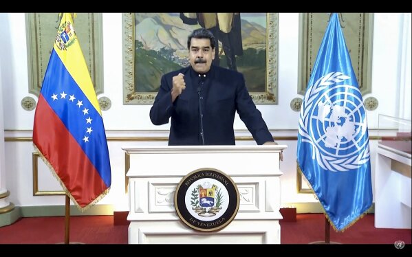 In this UNTV image, Nicolás Maduro Moros, President of Venezuela, speaks in a pre-recorded video message during the 75th session of the United Nations General Assembly, Wednesday, Sept. 23, 2020, at UN Headquarters. The U.N.'s first virtual meeting of world leaders started Tuesday with pre-recorded speeches from heads-of-state, kept at home by the coronavirus pandemic. (UNTV via AP)