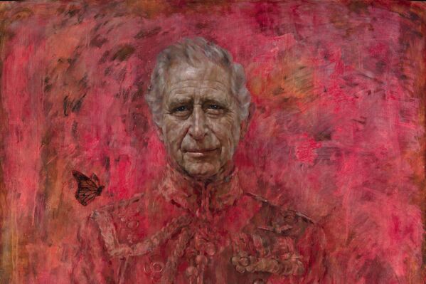 This undated photo issued on Tuesday May 14, 2024 by Buckingham Palace of artist Jonathan Yeo's oil on canvas portrait of Britain's King Charles III. The portrait was commissioned in 2020 to celebrate the then Prince of Wales's 50 years as a member of The Drapers' Company in 2022. The artwork depicts the King wearing the uniform of the Welsh Guards, of which he was made Regimental Colonel in 1975. The canvas size - approximately 8.5 by 6.5 feet when framed - was carefully considered to fit within the architecture of Drapers' Hall and the context of the paintings it will eventually hang alongside. Jonathan Yeo had four sittings with the King, beginning when he was Prince of Wales in June 2021 at Highgrove, and later at Clarence House. The last sitting took place in November 2023 at Clarence House. Yeo also worked from drawings and photography he took, allowing him to work on the portrait in his London studio between sittings. (His Majesty King Charles III by Jonathan Yeo 2024 via PA)