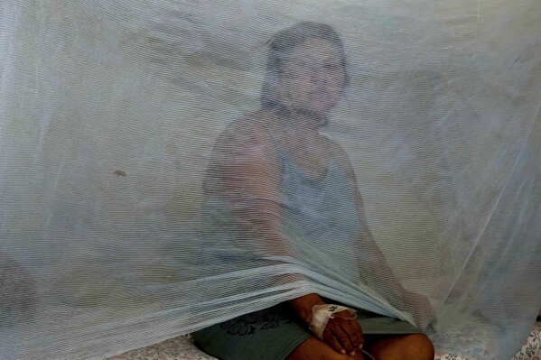 Jenny Chiroque, who suffering dengue, sits on a bed with netting at La Merced Hospital in Paita, Peru, Thursday, Feb. 29, 2024. Peru declared a health emergency in most of its provinces on Feb. 26 due to a growing number of dengue cases. (AP Photo/Martin Mejia)