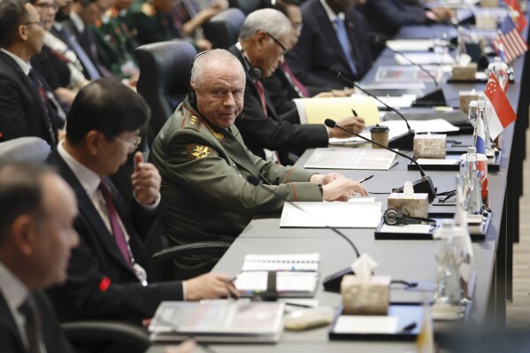 Russia's Vice Minister of Defense Alexander Fomin, third left, attends the Association of Southeast Asian Nations (ASEAN) Defense Ministers' Meeting Plus in Jakarta, Indonesia, Thursday, Nov. 16, 2023. (Willy Kurniawan/Pool Photo via AP)