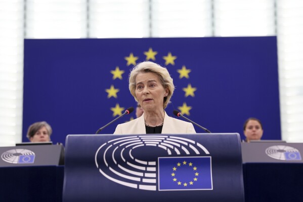 European Commission President Ursula Von der Leyen delivers her speech on EU support for peace in Ukraine, Wednesday, May 7, 2025 at the European Parliament in Strasbourg, eastern France. (AP Photo/Antonin Utz)