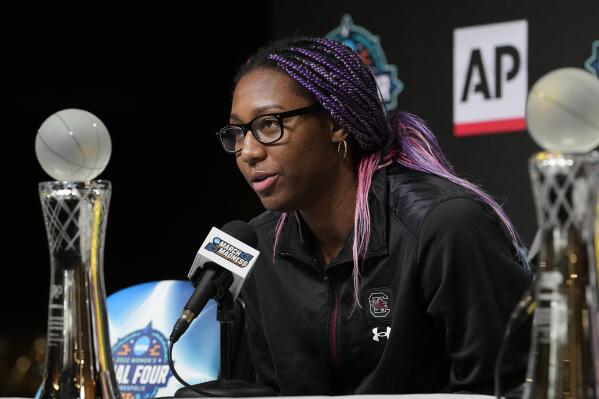 South Carolina's Aliyah Boston speaks after receiving the AP Player of the Year award at a news conference at the Women's Final Four NCAA tournament Thursday, March 31, 2022, in Minneapolis. (AP Photo/Eric Gay)