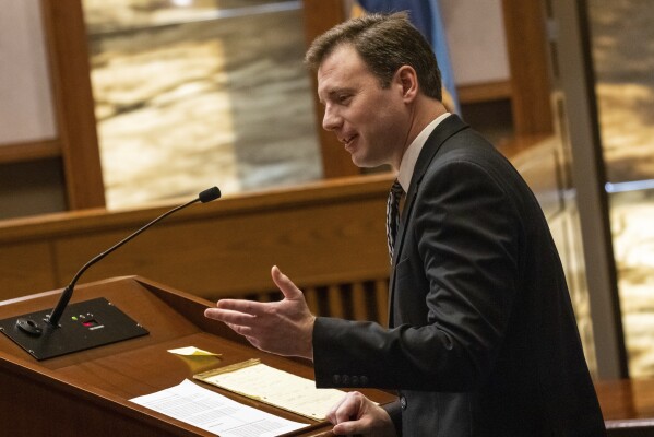 Nicholas Nelson, an attorney representing Republican House leadership, presents his oral arguments in front of the Minnesota Supreme Court at the Minnesota Judicial Center in St. Paul, Minn., Thursday, Jan. 23, 2025. (Ben Hovland/Minnesota Public Radio via AP, Pool)