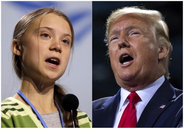 This combination photo shows Swedish climate activist Greta Thunberg speaking at the COP25 summit in Madrid, Spain on Dec. 11, 2019, left, and President Donald Trump speaking at a campaign rally in Battle Creek, Mich. on Dec. 18, 2019. When climate activist Greta Thunberg, also 16, was named Time magazine's 2019 person of the year, President Donald Trump took to Twitter to call her choice “ridiculous." (AP Photo/Paul White, left, and Evan Vucci)