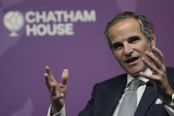 The Director General of the Atomic Energy Agency, Rafael Marino Grossi speaking at an event entitled ' A New Nuclear Order' at Chatham House in London, Tuesday, Feb. 7, 2023. (AP Photo/Alastair Grant)