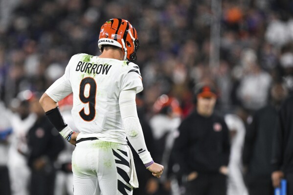 FILE - Cincinnati Bengals quarterback Joe Burrow (9) flexes his right hand after an apparent injury during the first half of an NFL football game against the Baltimore Ravens, Thursday, Nov. 16, 2023, in Baltimore. Burrow will be out the rest of the season due to a torn ligament in his right wrist, the team announced Firday, Nov. 17. (AP Photo/Terrance Williams, File)