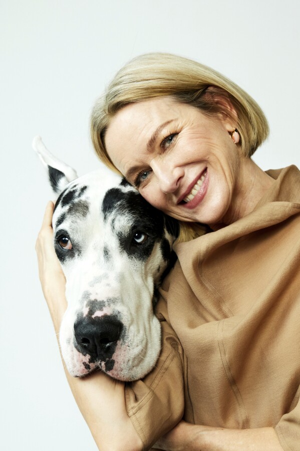 Actor Naomi Watts poses for a portrait with her Great Dane co-star Bing, to promote the film "The Friend" on Monday, March 24, 2024, in New York. (Photo by Taylor Jewell/Invision/AP)