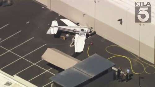 This aerial image from video from KTLA-TV channel 5 shows a single-engine Cessna 172 that crashed near French Valley Airport in Murrieta, California, on Tuesday, July 4, 2023. One person was killed and three were injured after the plane slammed into the side of a building and crashed near French Valley Airport in Riverside County, authorities said.  (Courtesy of KTLA-TV Channel 5 via AP)