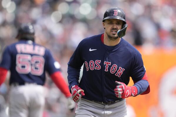 Adam Duvall of the Boston Red Sox reacts on second base after his