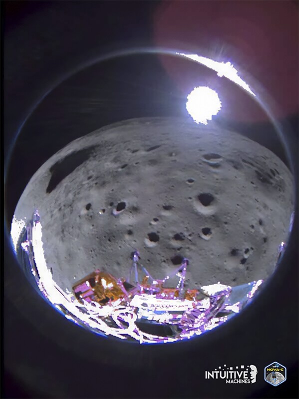 This image provided by Intuitive Machines shows its Odysseus lunar lander which captured this image approximately 35 seconds after pitching over during its approach to the landing site. (Intuitive Machines via AP)
