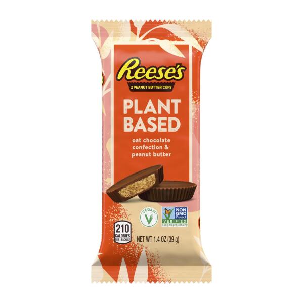 This image provided by The Hershey Company shows the company's new plant-based Reese's peanut butter cups. Hershey said Tuesday, March 7, 2023, that Reese’s plant-based peanut butter cups will be its first plant-based chocolate sold nationally when they go on sale in March. A second vegan offering, Hershey’s plant-based extra creamy with almonds and sea salt, will follow in April. (The Hershey Company via AP)
