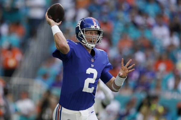 New York Giants quarterback Mike Glennon (2) aims a pass during the second half of an NFL football game against the Miami Dolphins, Sunday, Dec. 5, 2021, in Miami Gardens, Fla. (AP Photo/Lynne Sladky)