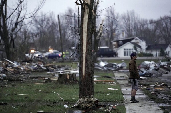 A person surveys damage following a severe storm Friday, March 15, 2024, in Lakeview, Ohio. (AP Photo/Joshua A. Bickel )