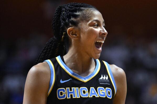 Chicago Sky forward Candace Parker reacts during Game 3 of a WNBA basketball semifinal playoff series against the Connecticut Sun, Sunday, Sept. 4, 2022, in Uncasville, Conn. (AP Photo/Jessica Hill)