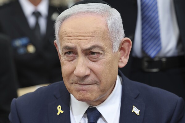 Israeli Prime Minister Benjamin Netanyahu attends a ceremony on the eve of Israel's Remembrance Day for fallen soldiers at the Yad LaBanim Memorial in Jerusalem, on April 29, 2025. (Abir Sultan/Pool Photo via AP, File)