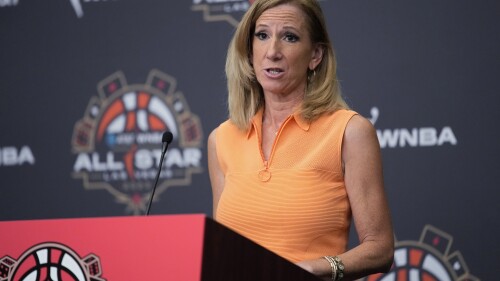 Catherine Engelbert, commissioner of the WNBA, speaks at a news conference before basketball's WNBA All-Star Game on Saturday, July 15, 2023, in Las Vegas. (AP Photo/John Locher)