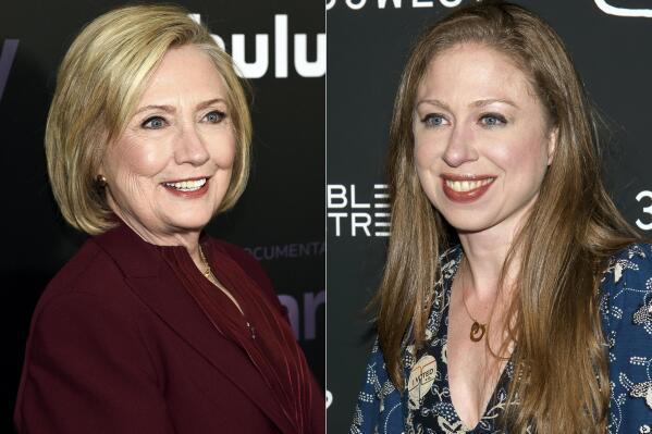Former secretary of state Hillary Clinton attends the premiere of the Hulu documentary "Hillary" in New York o March 4, 2020, left, and Chelsea Clinton attends a screening of "Colette" in New York on Sept. 13, 2018. The Clintons will interview the likes of Kim Kardashian, Megan Thee Stallion and Gloria Steinem for a streaming series that debuts in two months. Apple TV said Thursday that “Gutsy” will debut on its service on Sept. 9. (Photos by Evan Agostini, left, and Charles Sykes/Invision/AP)