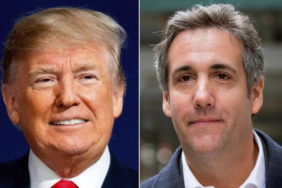 FILE - This combination of file photo shows, from left, former President Donald Trump and Michael Cohen. A federal election watchdog fined the publisher of the National Enquirer $187,500 for a payment it made to keep under wraps a story about Trump’s alleged affair with a former Playboy model.  (AP Photo/File)