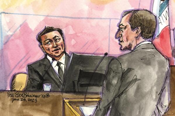 In this courtroom sketch is Elon Musk, left, with shareholder attorney Nicholas Porritt appears in federal court in San Francisco, Monday, Jan. 23, 2023. Musk returned to court Monday, testifying that he believed he had locked up financial backing to take Tesla private during 2018 meetings with representatives from Saudi Arabia's Public Investment Fund — although no specific funding amount or price was discussed. (Vicki Behringer via AP)