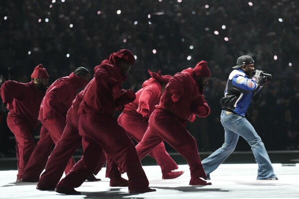 Kendrick Lamar performs during halftime of the NFL Super Bowl 59 football game between the Kansas City Chiefs and the Philadelphia Eagles, Sunday, Feb. 9, 2025, in New Orleans. (AP Photo/Ashley Landis)