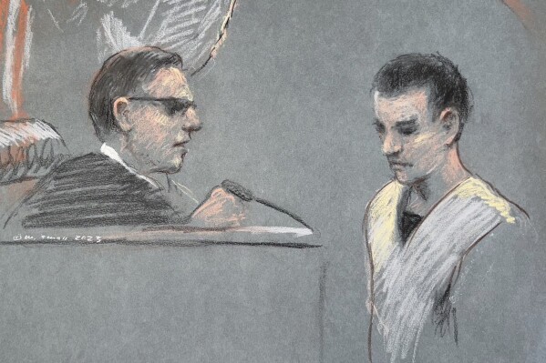 FILE - This artist depiction shows Massachusetts Air National Guardsman Jack Teixeira, right, appearing in U.S. District Court in Boston, April 14, 2023. The Massachusetts Air National Guard member who pleaded guilty to federal crimes for leaking highly classified military documents appeared at a hearing Tuesday, May 14, 2024, on whether he should face a military trial on additional charges. (Margaret Small via AP, File)