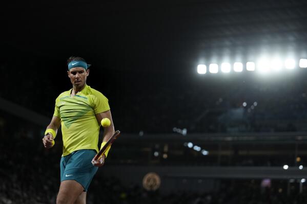 Spain's Rafael Nadal prepares to serve against France's Corentin Moutet during their second round match at the French Open tennis tournament in Roland Garros stadium in Paris, France, Wednesday, May 25, 2022. (AP Photo/Christophe Ena)