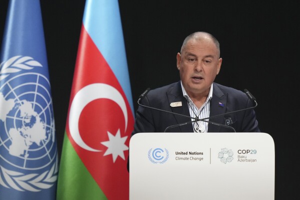 Cook Islands Prime Minister Mark Brown speaks during a plenary session at the COP29 U.N. Climate Summit, Nov. 13, 2024, in Baku, Azerbaijan. (AP Photo/Sergei Grits, File)