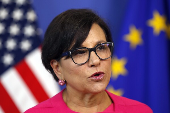 FILE - Then-U.S. Secretary of Commerce Penny Pritzker speaks during a news conference in the Commission Berlaymont building in Brussels, Belgium on July 12, 2016. The Biden administration has tapped former Commerce Secretary and major Democratic donor Penny Pritzker to coordinate U.S. efforts to channel private sector reconstruction assistance to Ukraine. (AP Photo/Darko Vojinovic, File)