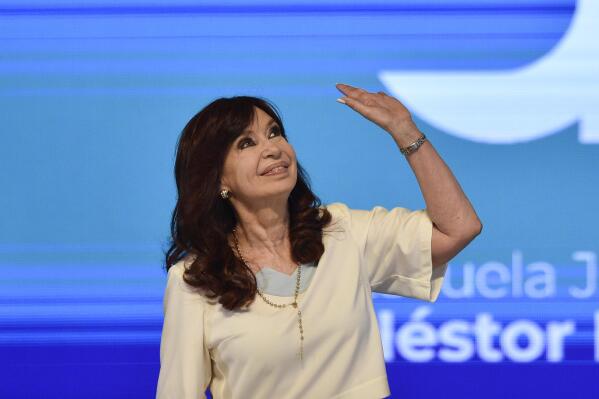 FILE - Argentina's Vice-President Cristina Fernández waves to followers as she arrives for the inauguration of the "Nestor Kirchner Justicialista School" at the Teatro Argentino in La Plata, Argentina, Thursday, April 27, 2023. Fernandez confirmed on Tuesday, May 16, 2023, that she will not be participating in the upcoming general elections.(AP Photo/Gustavo Garello, File)