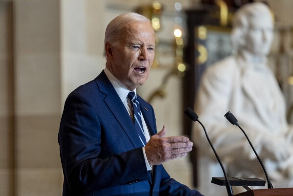 President Joe Biden speaks at the National Prayer Breakfast in Statuary Hall at the Capitol in Washington, Thursday, Feb. 1, 2024. (AP Photo/Andrew Harnik)