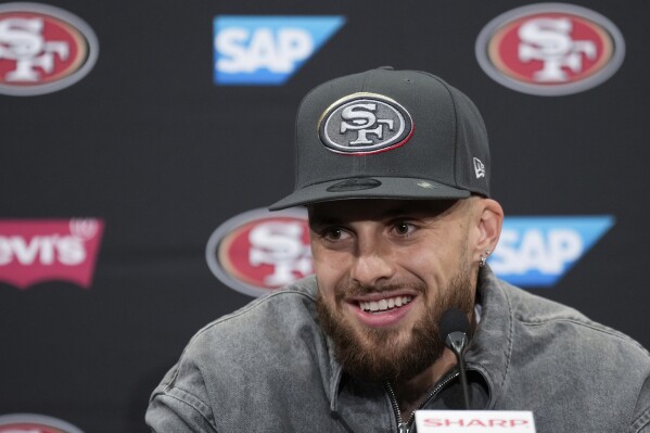 FILE - San Francisco 49ers first round draft pick Ricky Pearsall speaks at an NFL football news conference, April 26, 2024, at the team's facility in Santa Clara, Calif. (AP Photo/Godofredo A. Vásquez, File)
