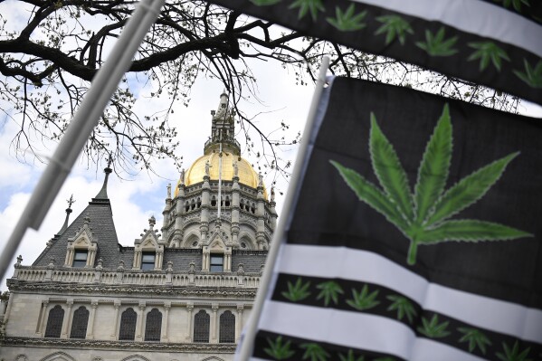 FILE - Flags with a marijuana leaf wave outside the Connecticut State Capitol building, April 20, 2021, in Hartford, Conn. A year after Connecticut legalized recreational marijuana use, cannabis retailers are experiencing a shortage of product, while just across the border in New York growers have had to deal with an excess of supply. (AP Photo/Jessica Hill, File)