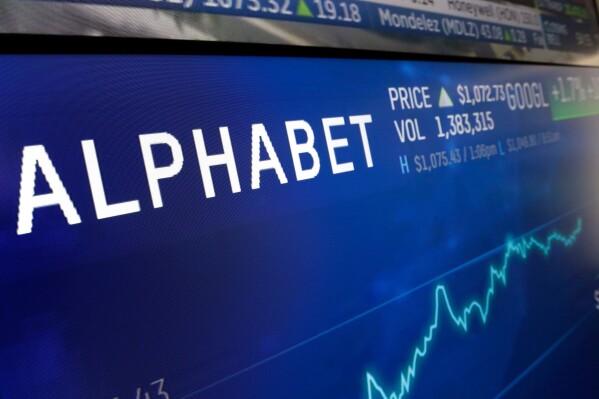 FILE - In this Feb. 14, 2018, file photo the logo for Alphabet appears on a screen at the Nasdaq MarketSite in New York. Alphabet reports earnings on Tuesday July 25, 2023. (AP Photo/Richard Drew, File)