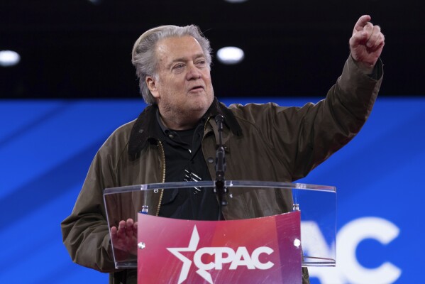 Steve Bannon speaks at the Conservative Political Action Conference, CPAC, at the Gaylord National Resort & Convention Center, Thursday, Feb. 20, 2025, in Oxon Hill, Md. (AP Photo/Jose Luis Magana)