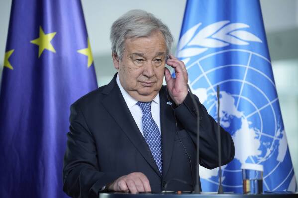 Secretary-General of the United Nations, Antonio Guterres, attends a joint press conference with German Chancellor Friedrich Merz, in the chancellory in Berlin, Germany, Wednesday, May 14, 2025. (AP Photo/Ebrahim Noroozi)