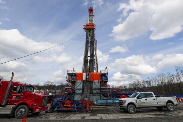 FILE - Work continues at a shale gas well drilling site in St. Mary's, Pa., March 12, 2020. A team of that has spent four years studying the health effects of natural gas fracking in southwestern Pennsylvania is set to present its findings Tuesday, Aug. 15, 2023. (AP Photo/Keith Srakocic, File)