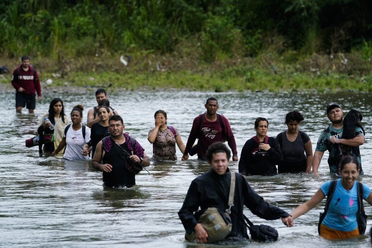 Migrants, most from Venezuela, wade across the Tuquesa river after trekking through the Darien Gap, in Bajo Chiquito, Panama, Wednesday, Oct. 4, 2023. (AP Photo/Arnulfo Franco)