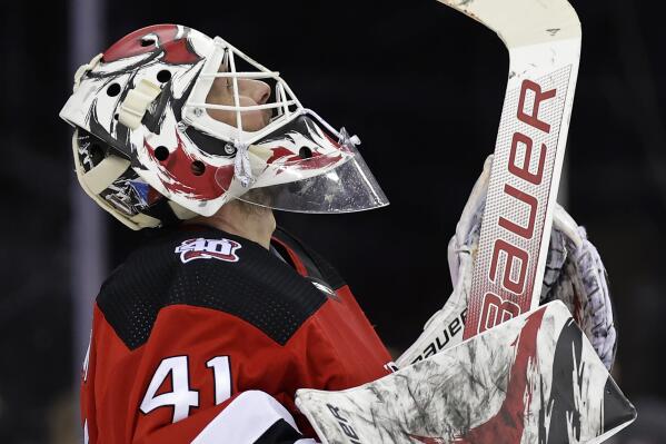 New Jersey Devils goaltender Vitek Vanecek reacts after his team defeated the Carolina Hurricanes in Game 3 of an NHL hockey Stanley Cup second-round playoff series Sunday, May 7, 2023, in Newark, N.J. (AP Photo/Adam Hunger)