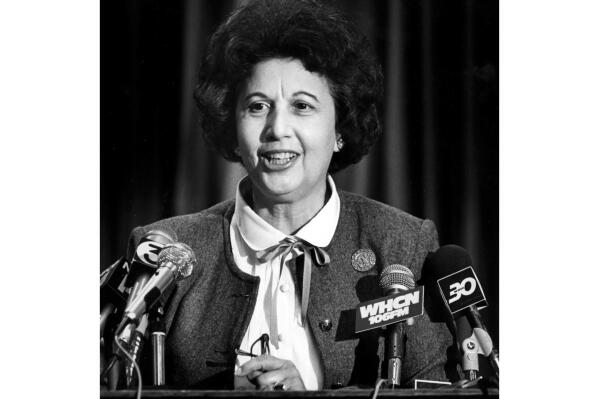 Former Hartford Mayor Antonina "Ann" Uccello announces that she is seeking the Republican nomination for the 1st Congressional district seat left vacant by the death of Rep. William R. Cotte, on Dec. 7, 1981. Uccello, the first woman to be elected a mayor in Connecticut when she won an upset victory as a Republican in the capital city of Hartford in 1967, died on Sunday, March 12, 2023. She was 100. (Stephen Dunn/Hartford Courant via AP)