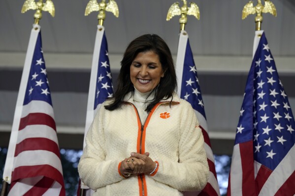 Republican presidential candidate former UN Ambassador Nikki Haley smiles as she's introduced at a campaign rally on Tuesday, Feb. 20, 2024, in Clemson, S.C. (AP Photo/Meg Kinnard)