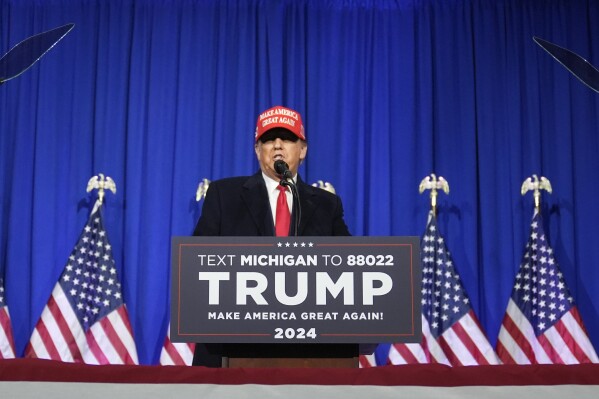 Republican presidential candidate former President Donald Trump speaks at an election rally in Waterford Township, Mich., Saturday, Feb. 17, 2024. (AP Photo/Paul Sancya)
