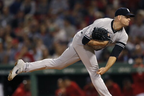 New York Yankees' James Paxton pitches during the first inning of a baseball game against the Boston Red Sox in Boston, Monday, Sept. 9, 2019. (AP Photo/Michael Dwyer)