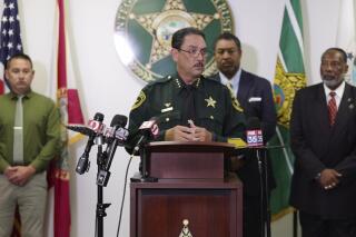 In this frame grab from video broadcast by the Marion County Sheriff's Office, Sheriff Billy Woods speaks at a news conference, in Ocala, Fla., Monday, June 5, 2023. Officials say a neighborhood feud over playing children has ended in a Florida mother’s fatal shooting. (Courtesy of Marion County Sheriff's Office via AP)