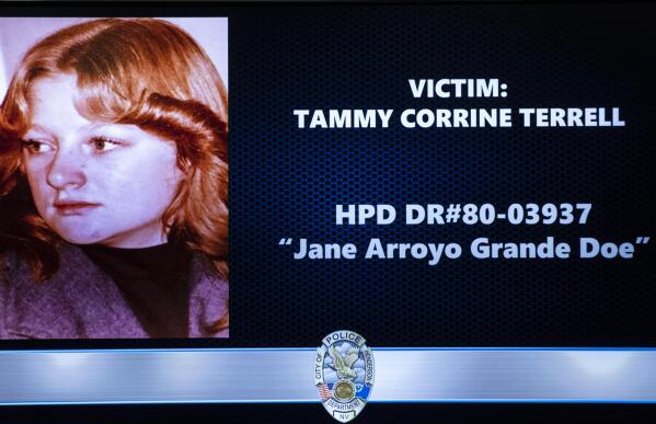 A photograph of 17-year-old Tammy Corrine Terrell from Roswell, N.M., is displayed during a press conference where Henderson police gave details about a 1980 cold case homicide during a press conference at Henderson, Nev., City Hall, on Thursday, Dec. 2, 2021. Police announced Thursday that DNA was used to positively identify the young woman was only known as Jane "Arroyo Grande" Doe as a Terrell. (Bizuayehu Tesfaye/Las Vegas Review-Journal via AP)