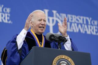 FILE - President Joe Biden speaks to the University of Delaware Class of 2022 during its commencement ceremony in Newark, Del., May 28, 2022. The FBI searched the University of Delaware in recent weeks for classified documents as part of its investigation into the potential mishandling of sensitive government records by Biden. (AP Photo/Manuel Balce Ceneta, File)