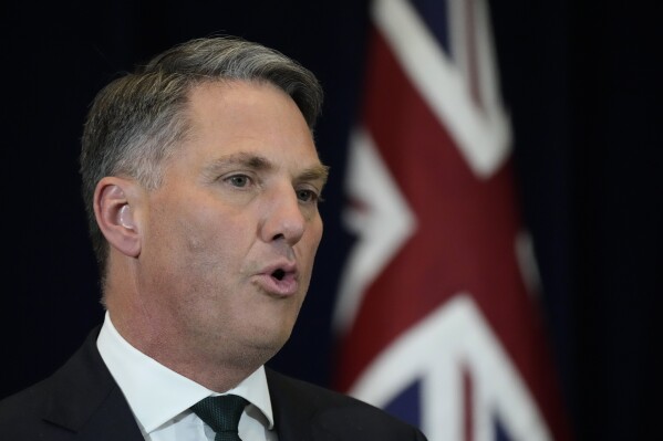 FILE - Australian Deputy Prime Minister and Minister for Defence Richard Marles, speaks during a news conference with Secretary of State Antony Blinken, Secretary of Defense Lloyd Austin, Australian Foreign Minister Penny Wong on the outcome of this year's ministerial meeting at the State Department, Tuesday, Dec. 6, 2022, in Washington. Australia on Saturday, Nov. 18, 2023, accused the Chinese navy of likely causing minor injuries to Australian naval divers by operating its sonar while they were trying to clear fishing nets from their ship's propellers. (AP Photo/Manuel Balce Ceneta, File)