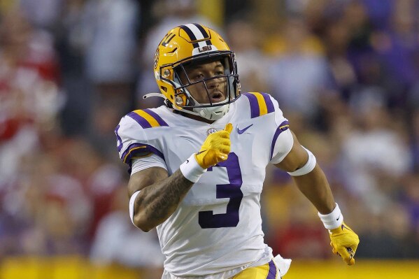 LSU safety Greg Brooks Jr. (3) during the first half of an NCAA college football game against Alabama in Baton Rouge, La., Saturday, Nov. 5, 2022. (AP Photo/Tyler Kaufman, File)