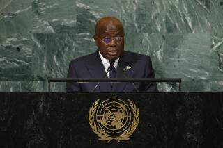 FILE— President of Ghana Nana Akufo-Addo addresses the 77th session of the United Nations General Assembly, at U.N. headquarters Sept. 21, 2022. Akufo-Addo, during his visit to the United States where he's attending the U.S.-Africa summit, claimed Thursday Dec. 15, 2022 Burkina Faso had allegedly made an agreement with Russia's shadowy mercenary outfit the Wagner Group to bolster the country's security amid surging jihadi violence, in exchange for a mine. (AP Photo/Jason DeCrow, File)