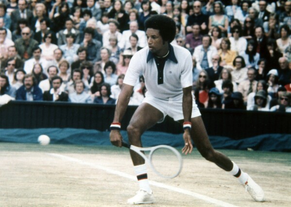 Arthur Ashe in play on the Center Court on July 5, 1975, at Wimbledon against fellow American Jimmy Connors, the defending champion, in the men's singles final in England. (AP Photo)