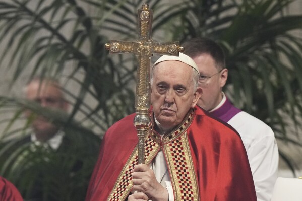 FILE - Pope Francis presides over a mass on St. Peter and Paul's Day in St. Peter's Basilica at The Vatican on June 29, 2023. Women who say they were abused by a once-prominent Jesuit artist said Tuesday they had been revictimized by his superiors, saying Pope Francis’ recent gestures and an apparent effort to exonerate him publicly showed church pledges of “zero tolerance” were just a “publicity stunt.” (AP Photo/Andrew Medichini, File)